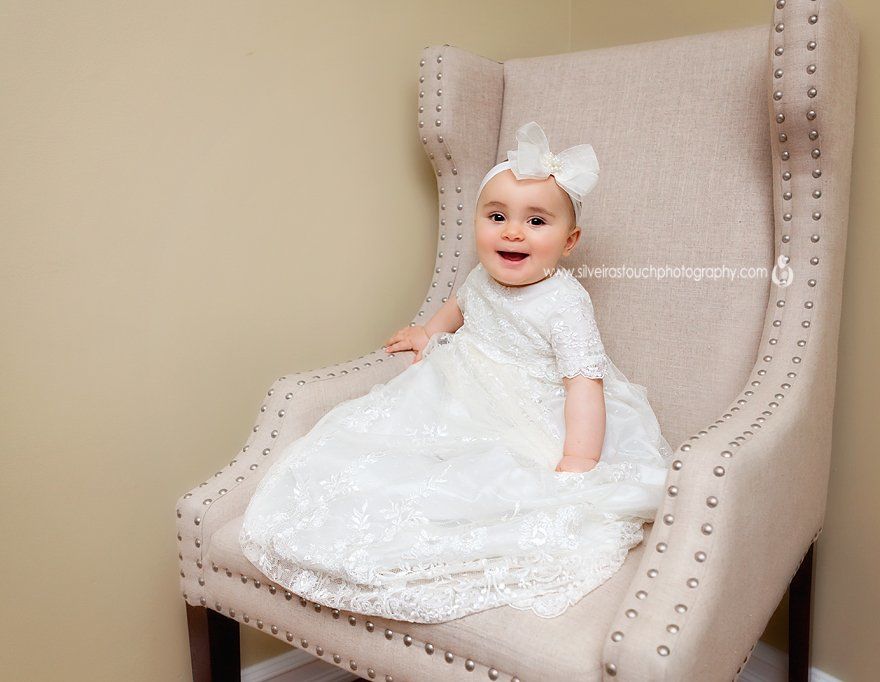 Christening baby Photography NJ of smiling girl wearing Christening gown