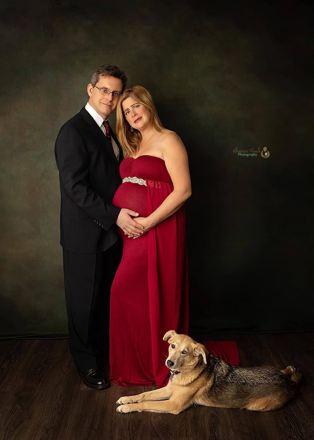 NJ maternity couple in studio with dog