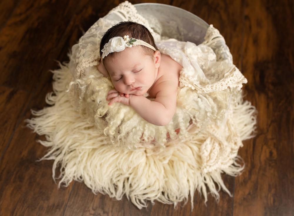 newborn posed in a buckeet photo